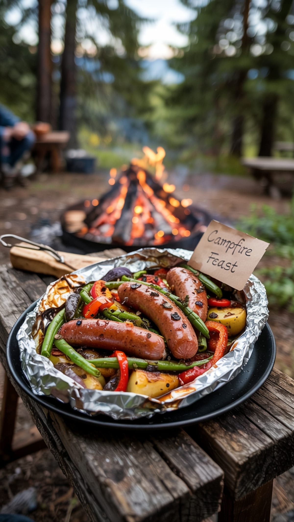 Steaming foil packet meal with sausage, potatoes and vegetables at campsite