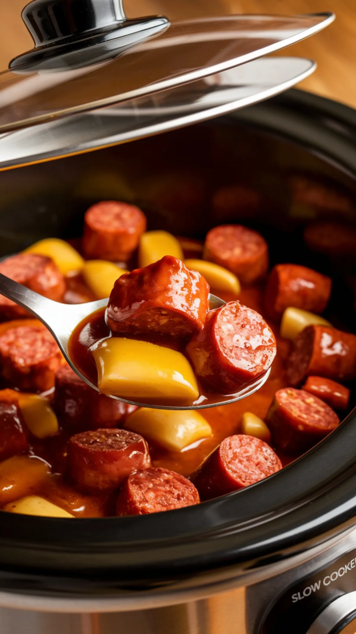 Steaming slow cooker of bubbling sweet and sour kielbasa with colorful vegetables in thick sauce