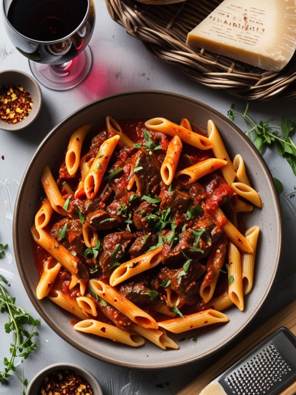 A bowl of pasta with meat and sauce