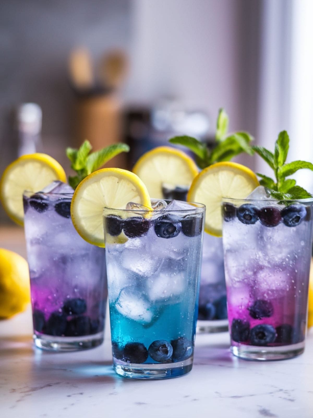 A dynamic side-angle shot of Blueberry Lemon Mocktail captures the mesmerizing layered effect