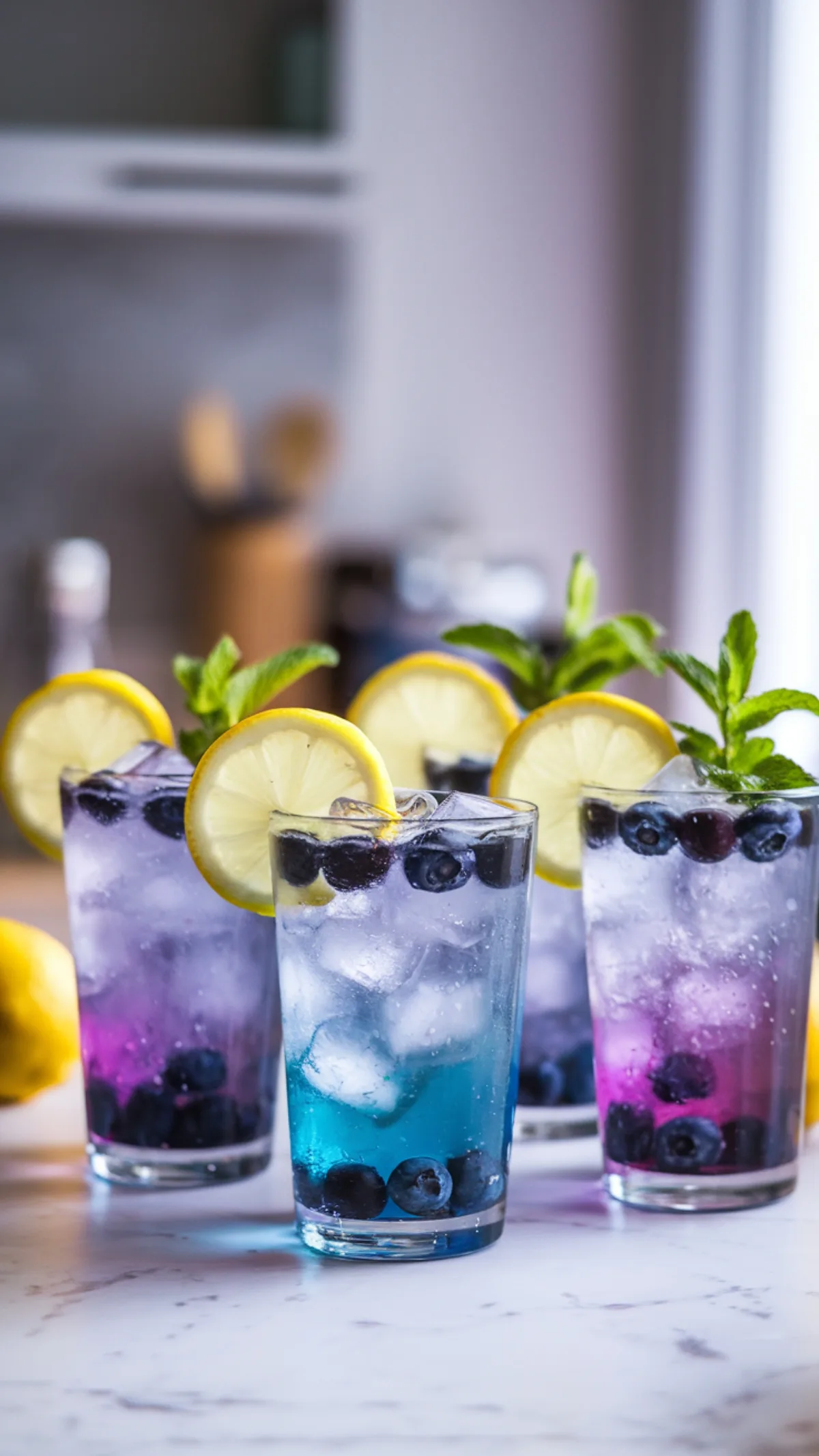 A dynamic side-angle shot of Blueberry Lemon Mocktail captures the mesmerizing layered effect