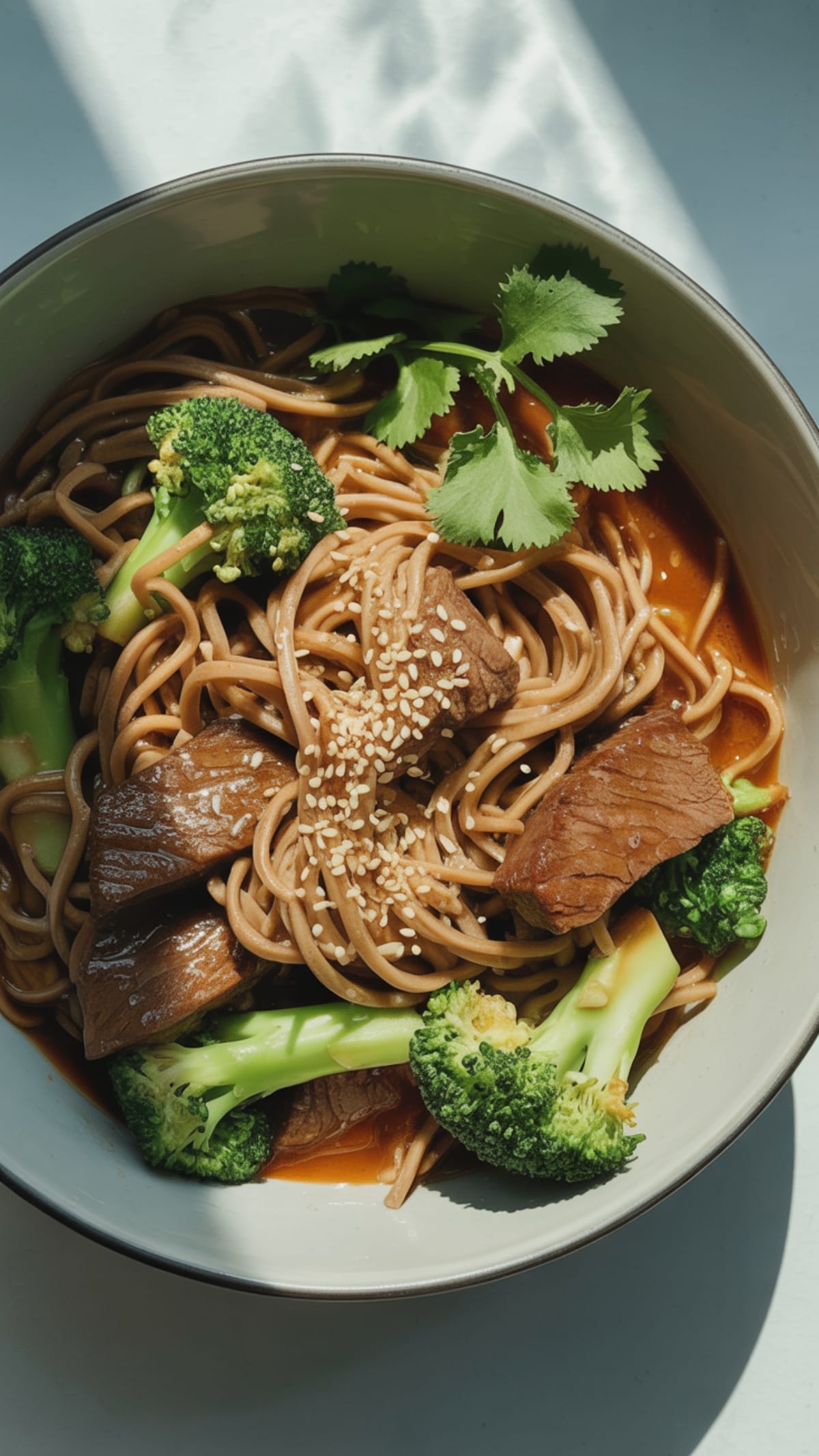 Beef and broccoli soba noodle bowl with glossy sauce and sesame seed garnish