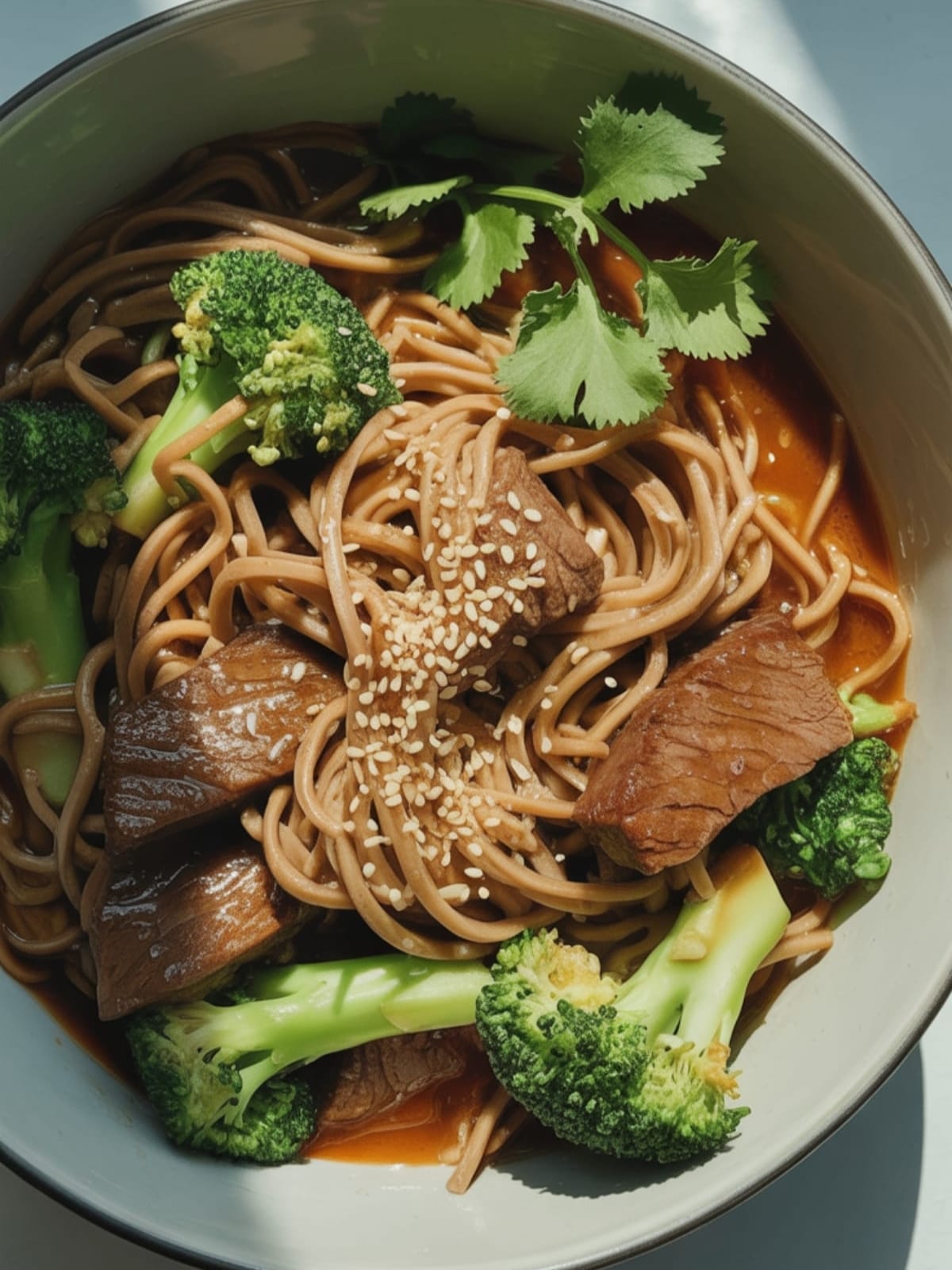 Beef and broccoli soba noodle bowl with glossy sauce and sesame seed garnish