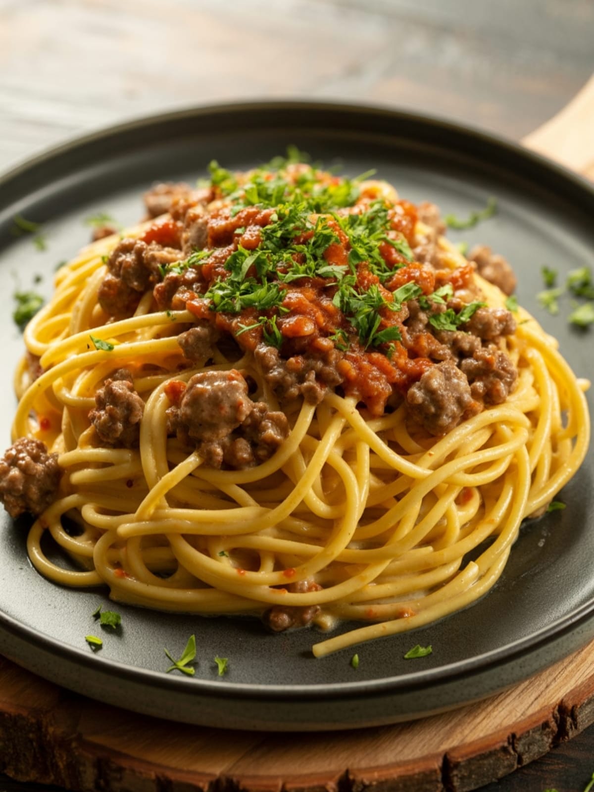Cheesy Garlic Butter Beef Spaghetti