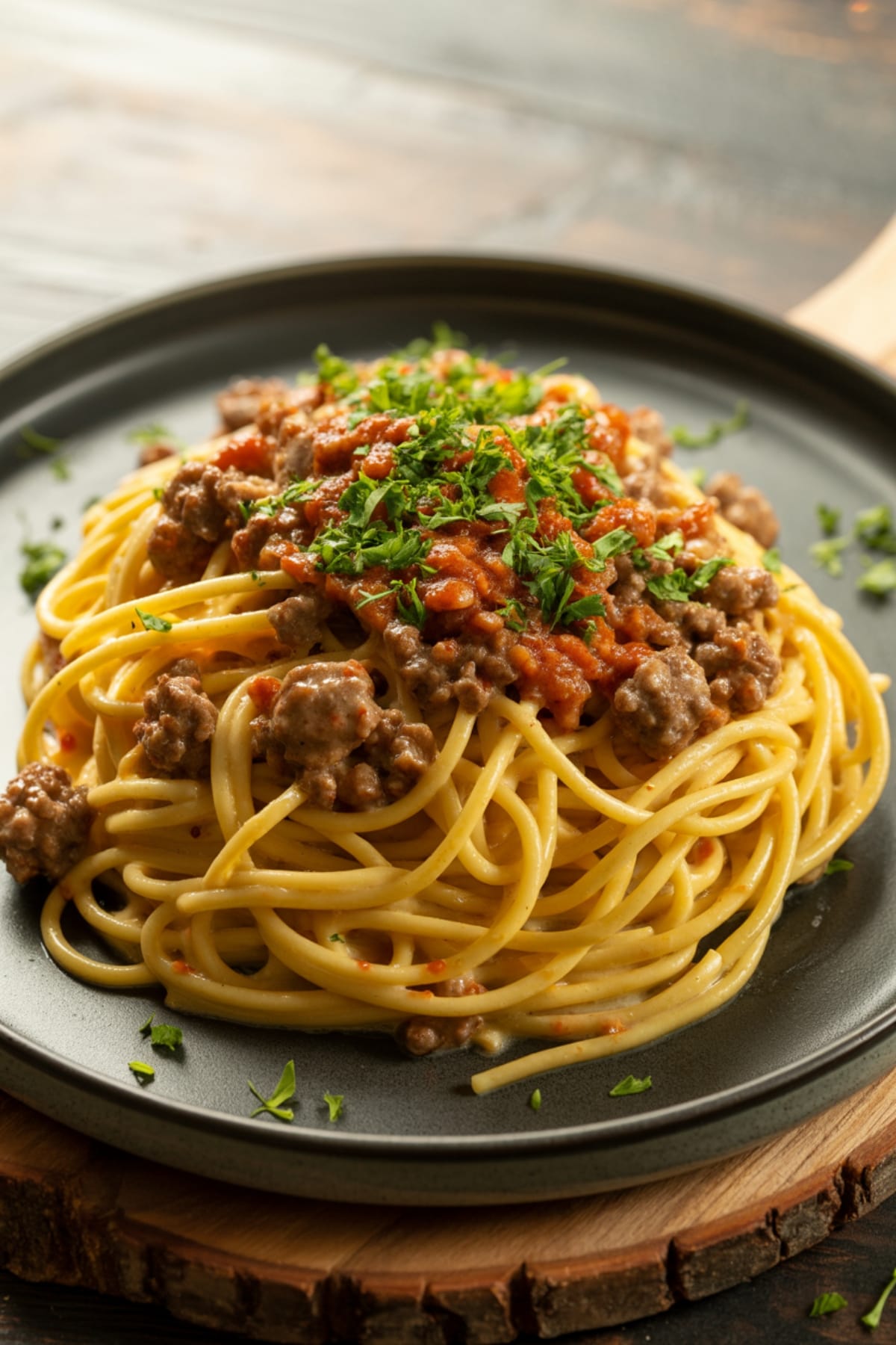 Cheesy Garlic Butter Beef Spaghetti