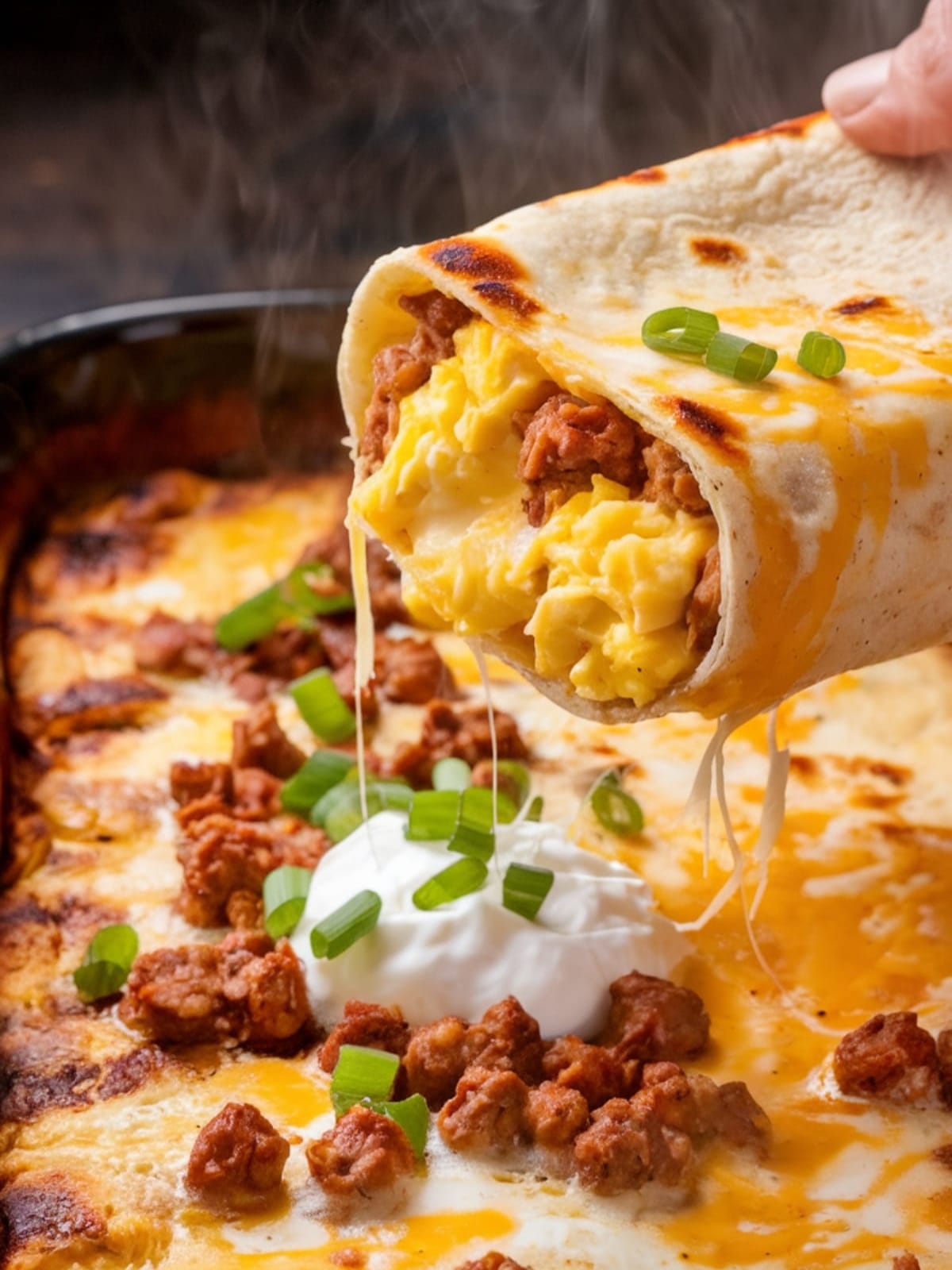 Cheesy sausage breakfast enchilada with stretchy cheese pull and creamy sauce