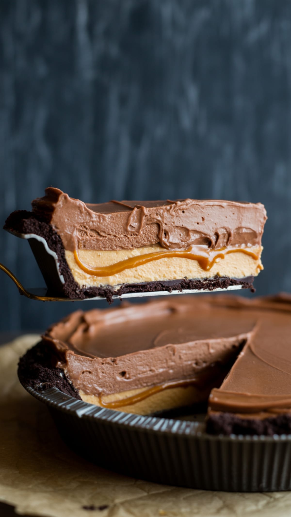 Triple-Layer Chocolate Peanut Butter Caramel Mousse Pie (No-Bake!)