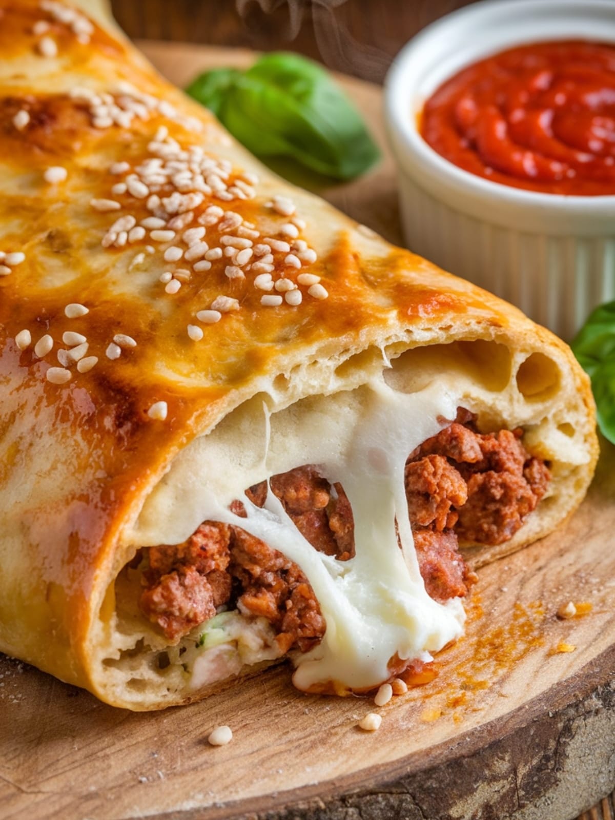 Freshly baked golden calzone cut open revealing melted cheese and sausage filling