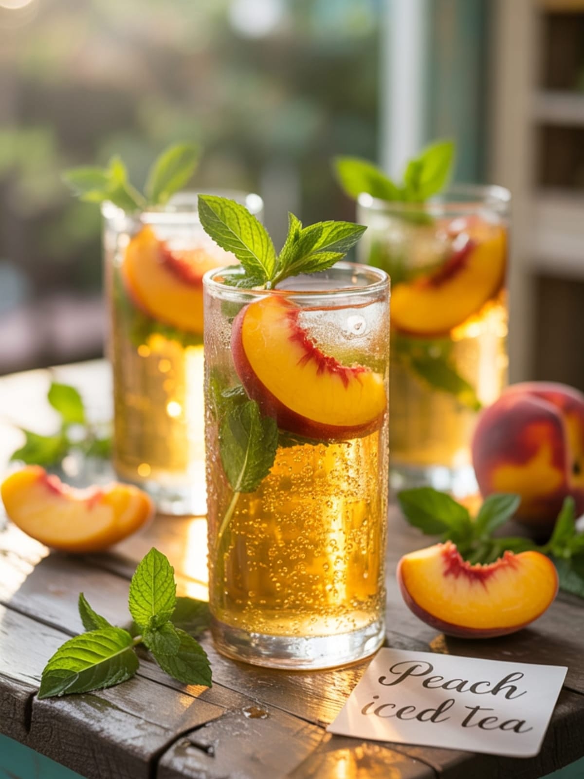 Peach iced tea with fresh mint.