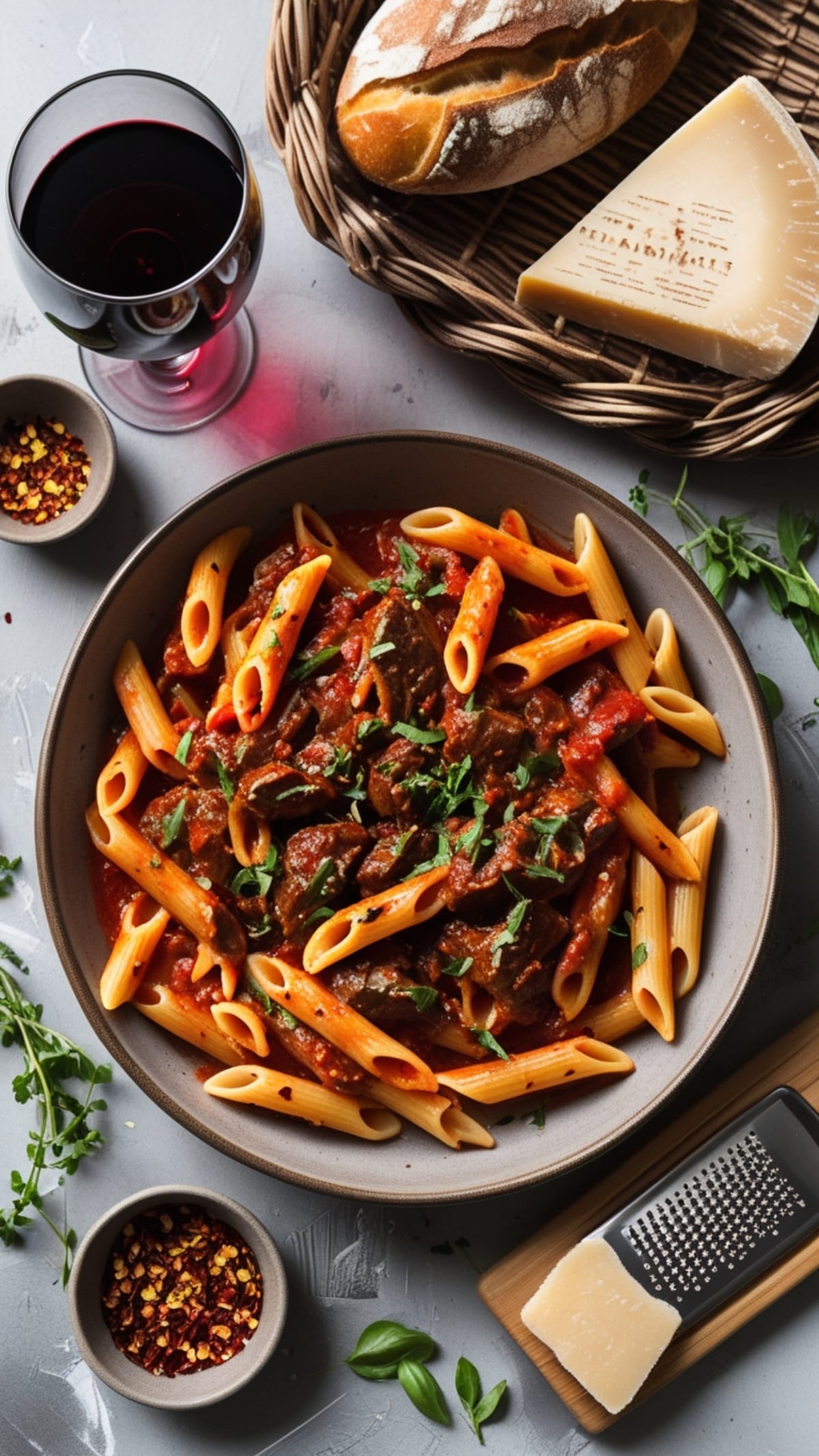 A bowl of pasta with meat and sauce