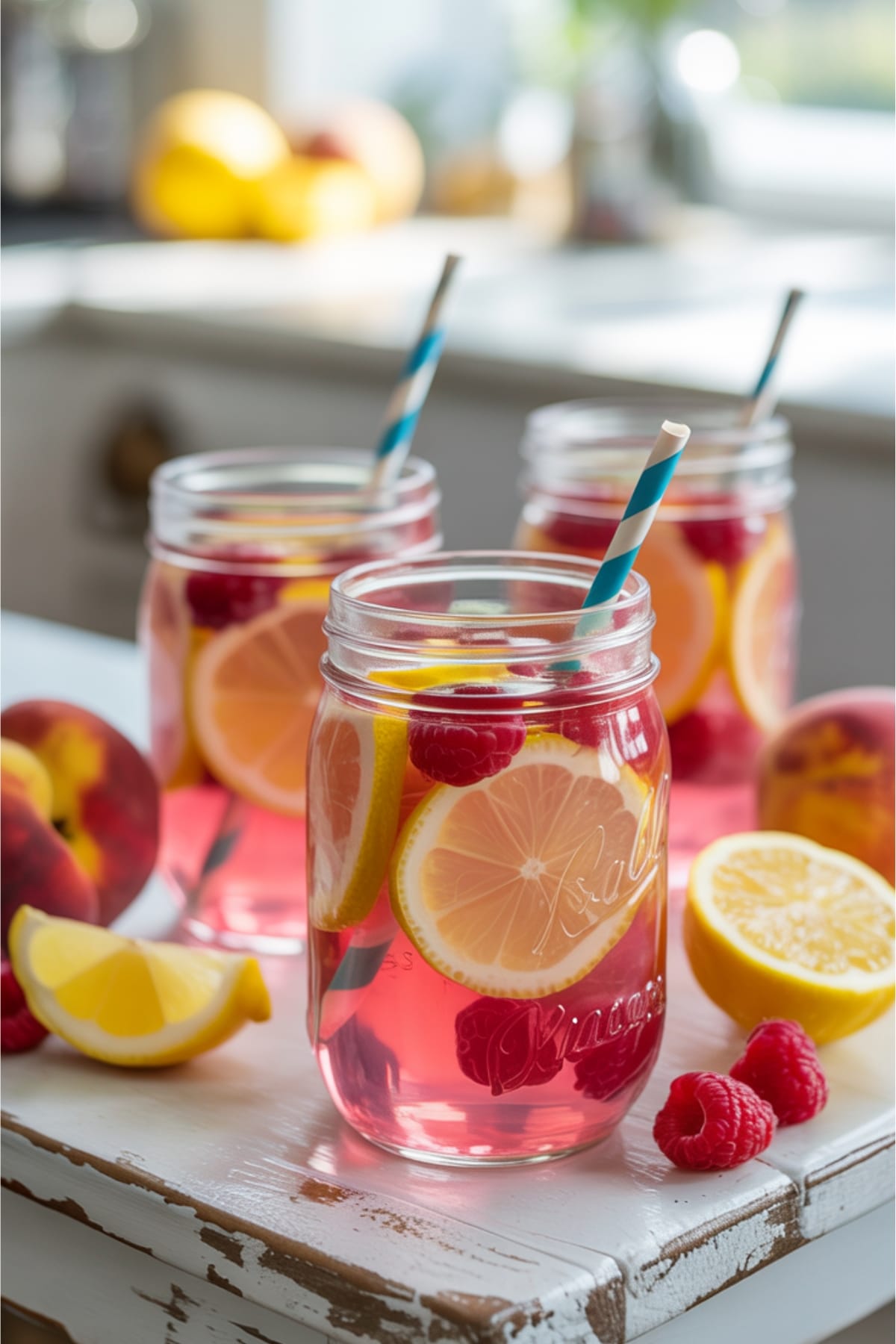 Sweet & Tangy Homemade Lemonade with Fresh Peaches & Raspberries