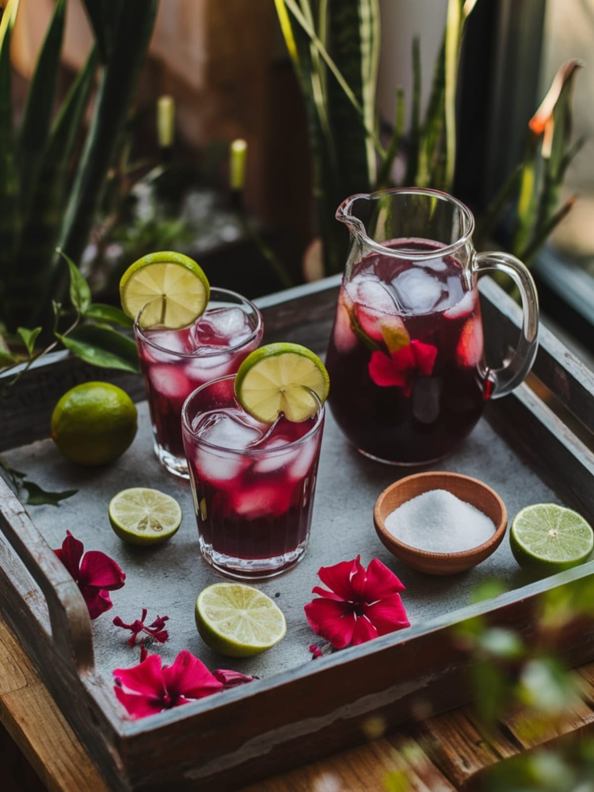 Vibrant Hibiscus Limeade Made with Fresh Roselle Plant