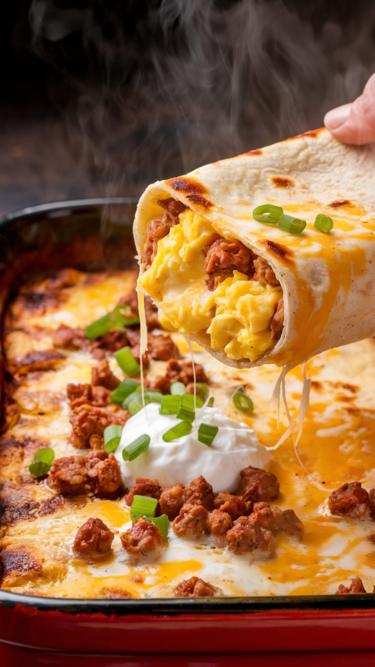 Cheesy sausage breakfast enchilada with stretchy cheese pull and creamy sauce