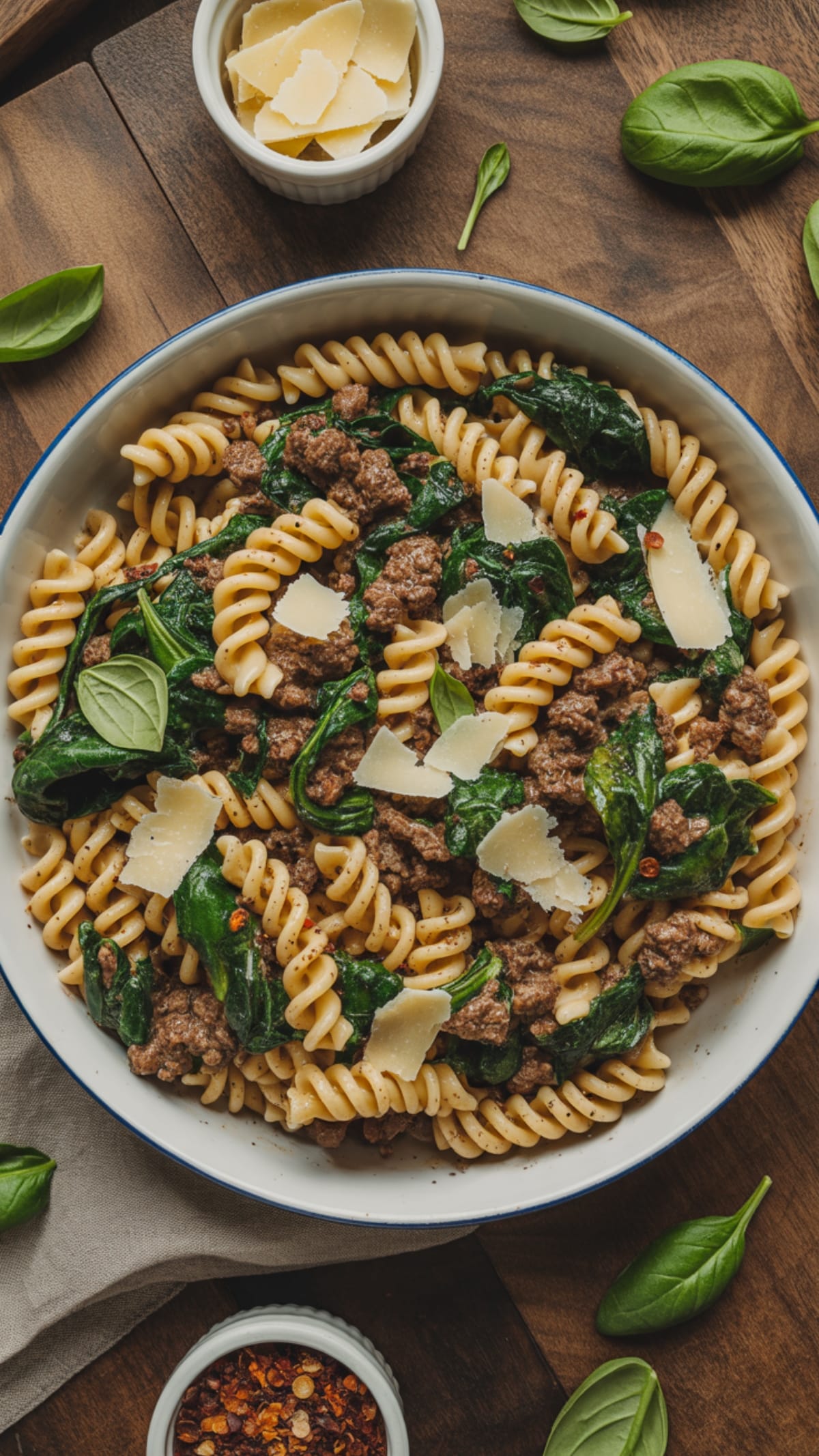 This ground beef spinach recipe combines perfectly seasoned beef with wilted spinach and al dente pasta