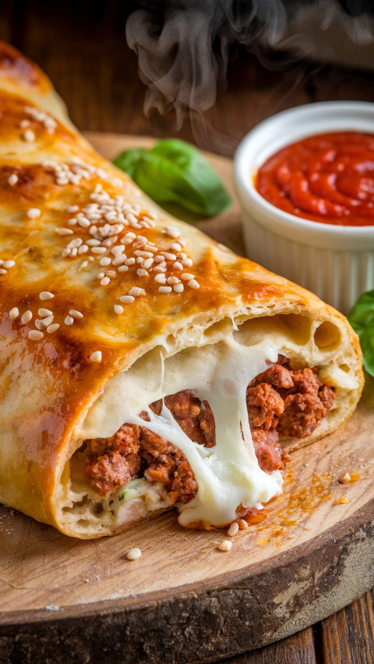 Freshly baked golden calzone cut open revealing melted cheese and sausage filling