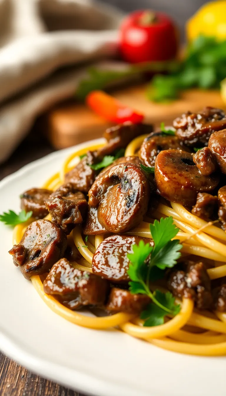 Creamy beef and mushroom fettuccine garnished with fresh parsley and Parmesan