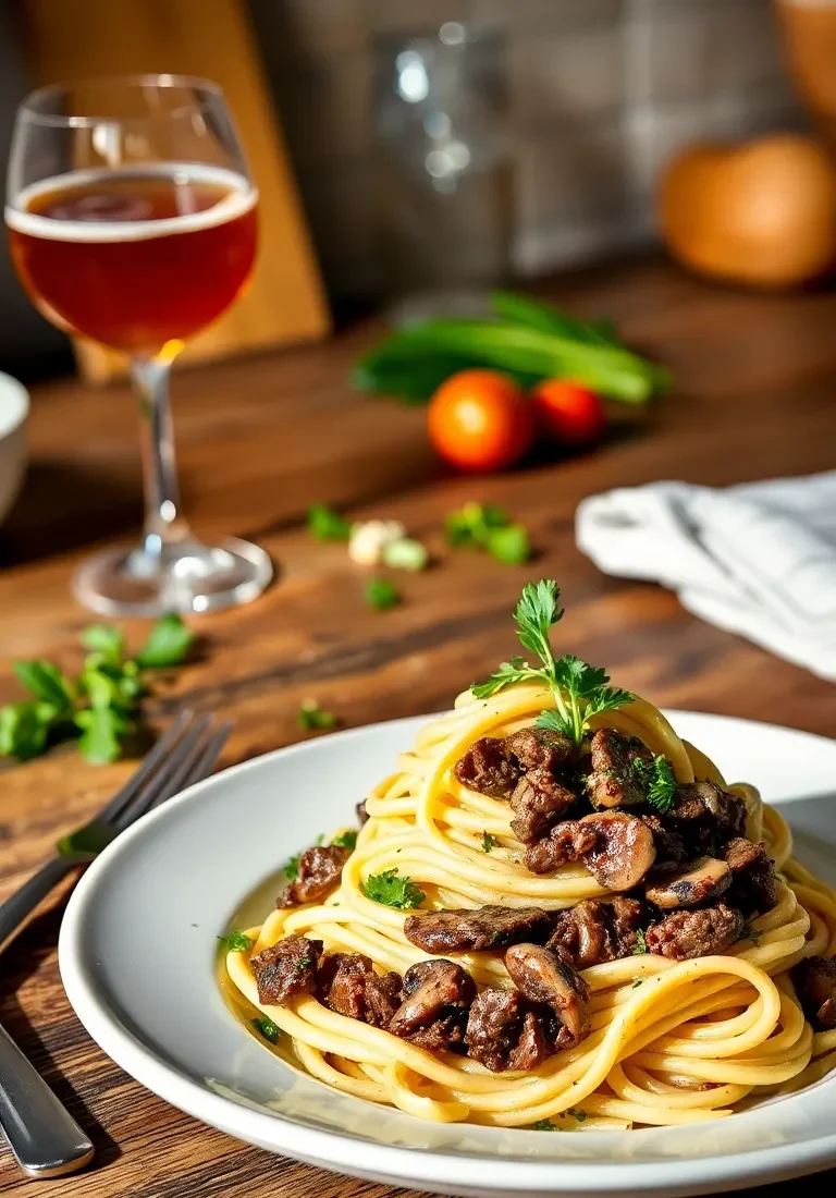 Ribbons of pasta coated in silky sauce with sautéed mushrooms and ground beef