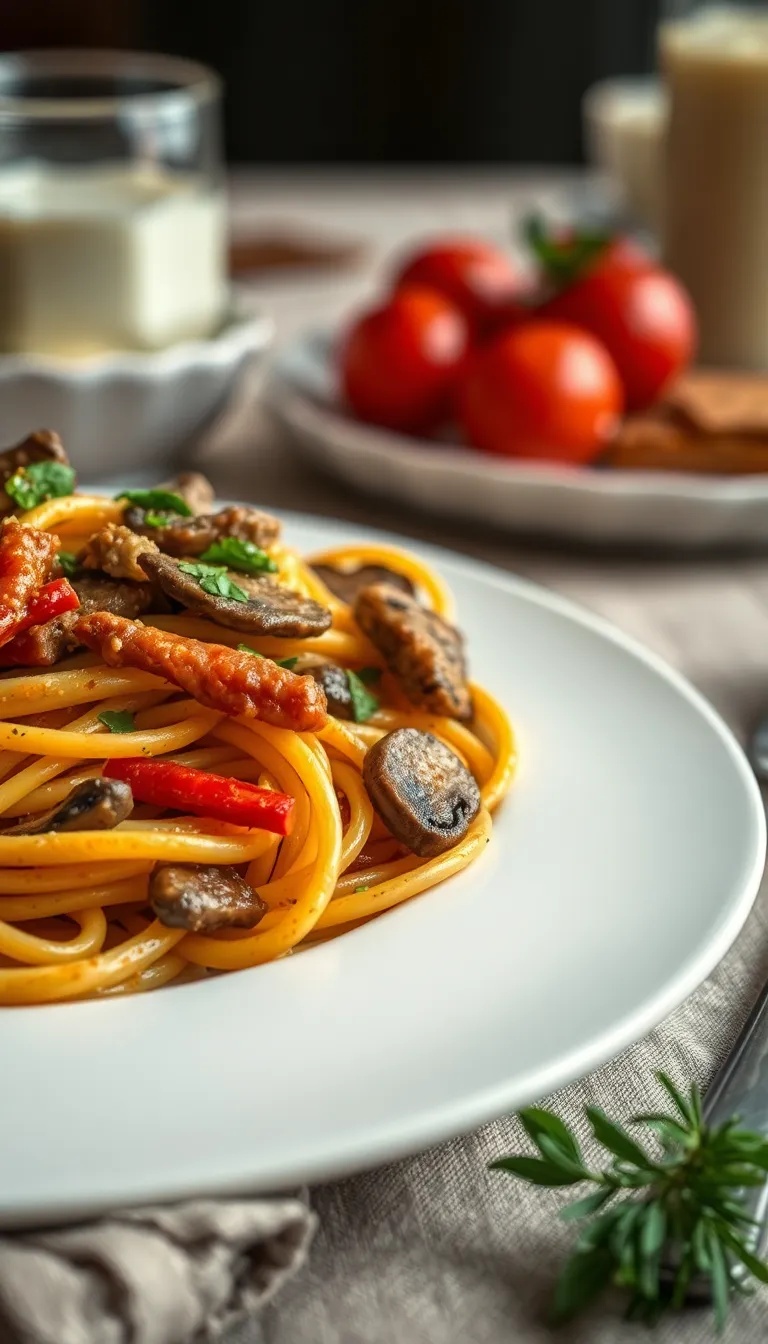Steaming plate of fettuccine featuring earthy mushrooms and savory beef in cream sauce