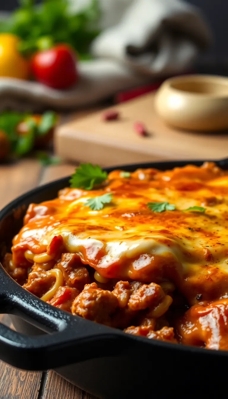 Cast-iron pan filled with deconstructed lasagna featuring melted cheese and ground beef