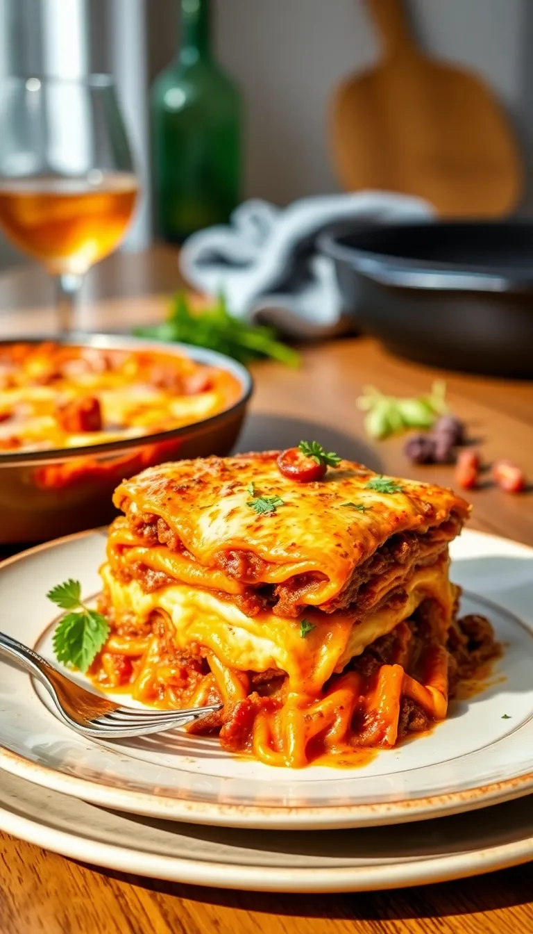 One-pot beef lasagna with stretchy cheese pull and visible layers of pasta and sauce