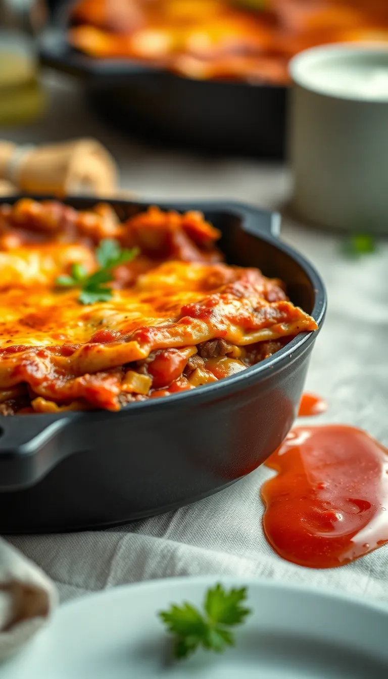 Rustic skillet meal combining broken lasagna noodles, marinara, and browned beef