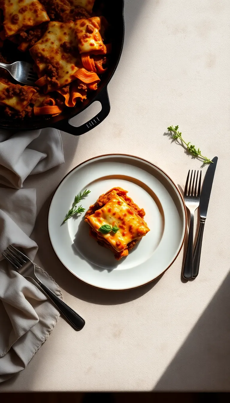 Family-style cheesy beef lasagna with crispy edges from the cast-iron cooking method