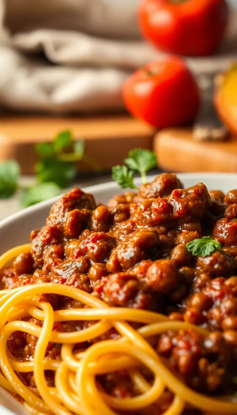 Comforting plate of spaghetti with protein-packed beef and lentil sauce and grated cheese