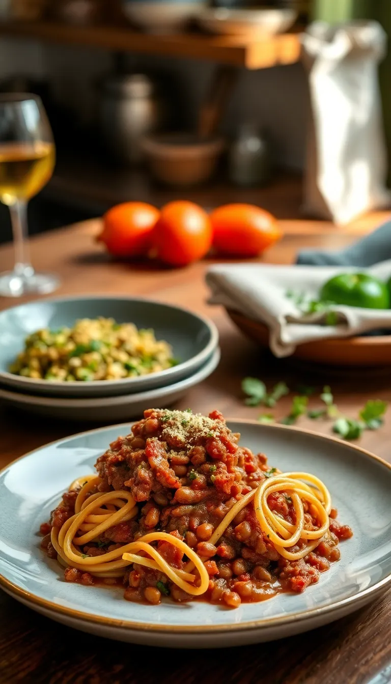 Rich red bolognese with visible lentils, beef, and diced vegetables over pasta