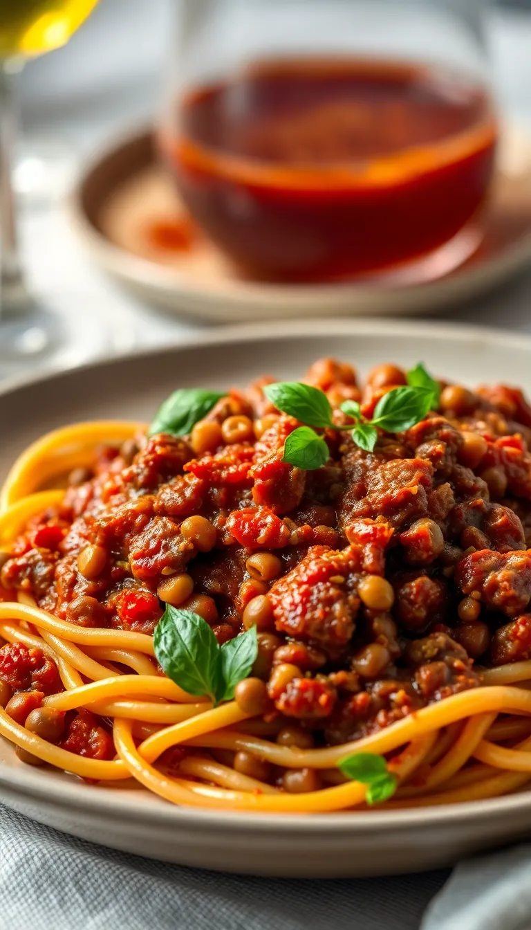 Steam rising from hearty beef and lentil bolognese sauce coating twirled pasta noodles