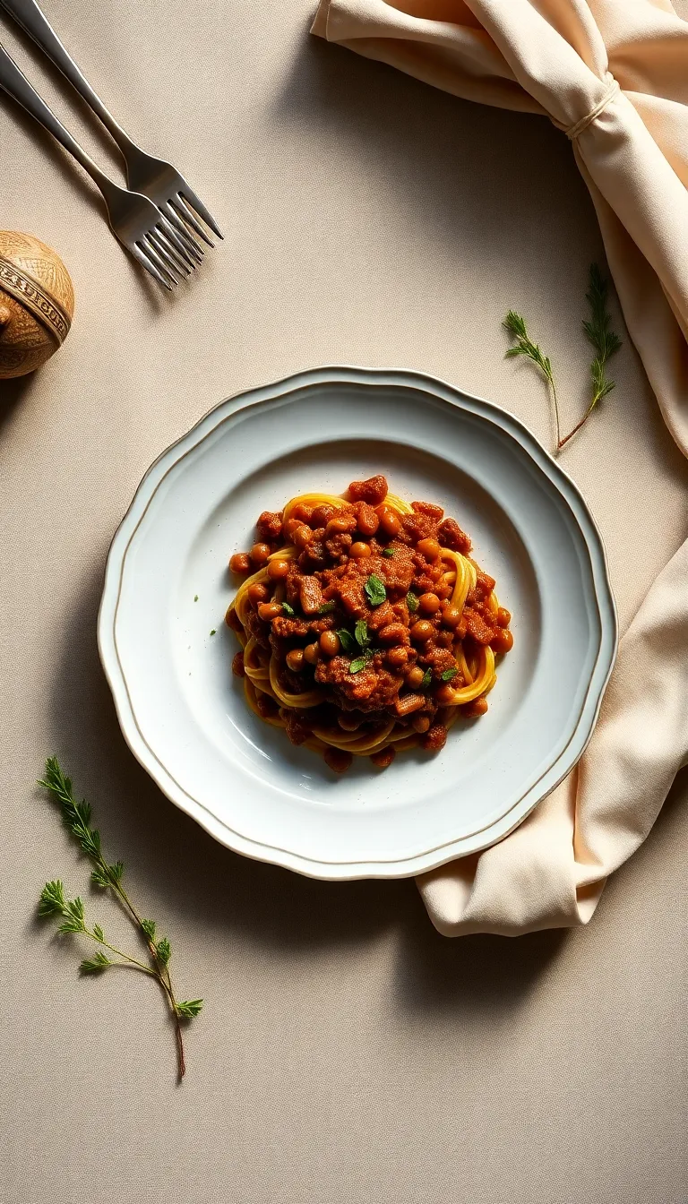 Homemade beef and lentil bolognese over spaghetti with fresh basil and Parmesan cheese