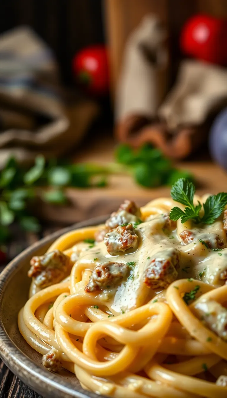 Rich beef alfredo pasta with tender steak strips and parmesan in a white ceramic dish