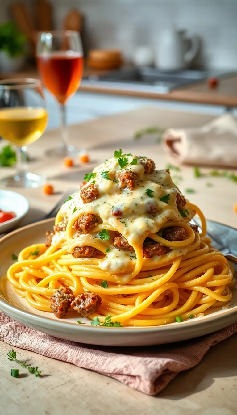 Homemade creamy pasta featuring perfectly seared beef slices and flecks of fresh herbs