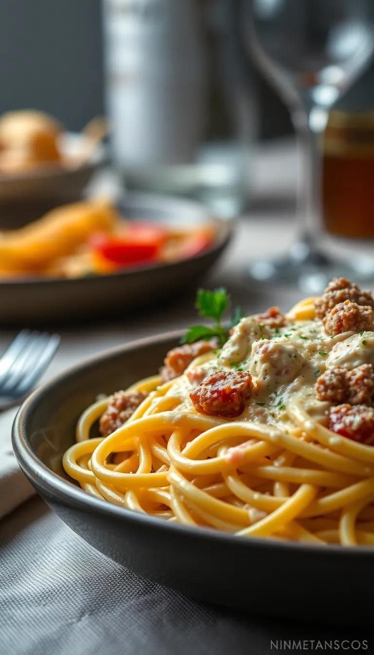 Fettuccine ribbons coated in velvety alfredo sauce with juicy beef strips and cheese