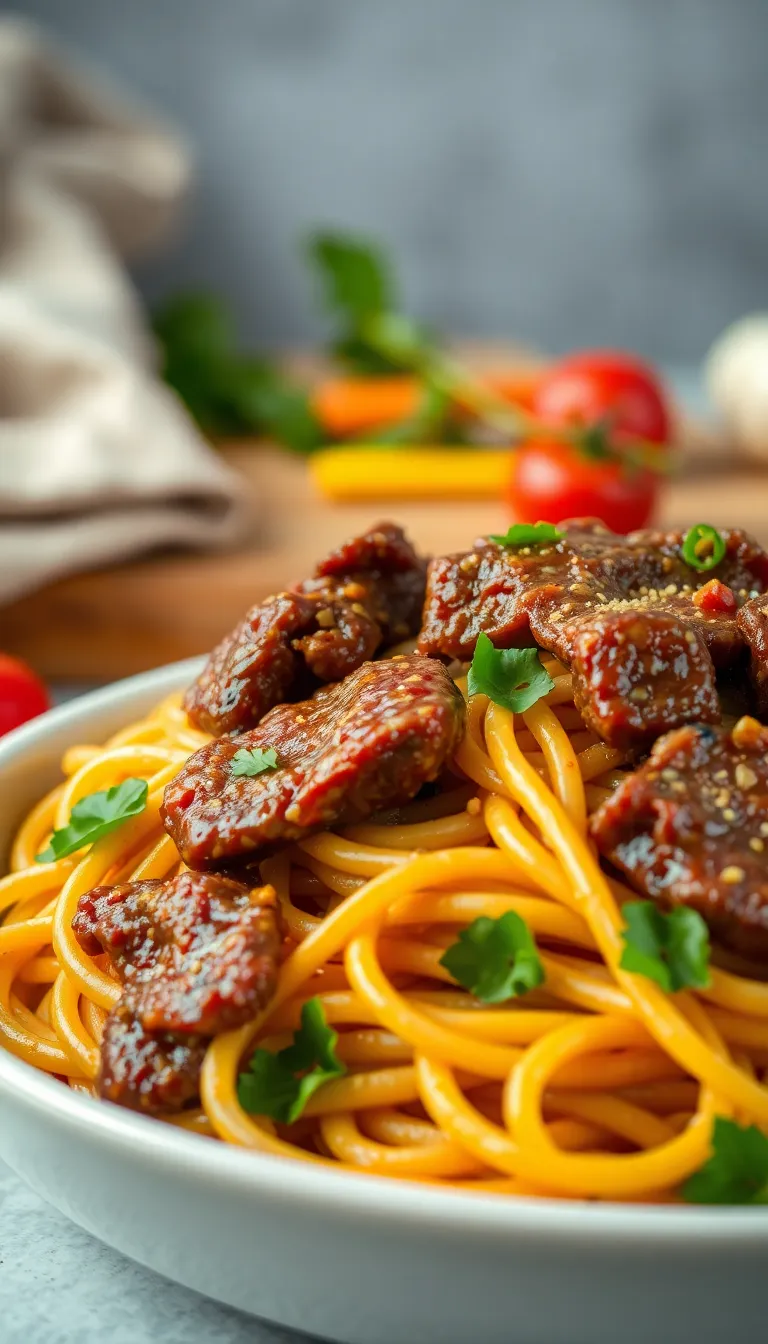 Twirled garlic butter beef spaghetti with melted Parmesan cheese on a dinner plate