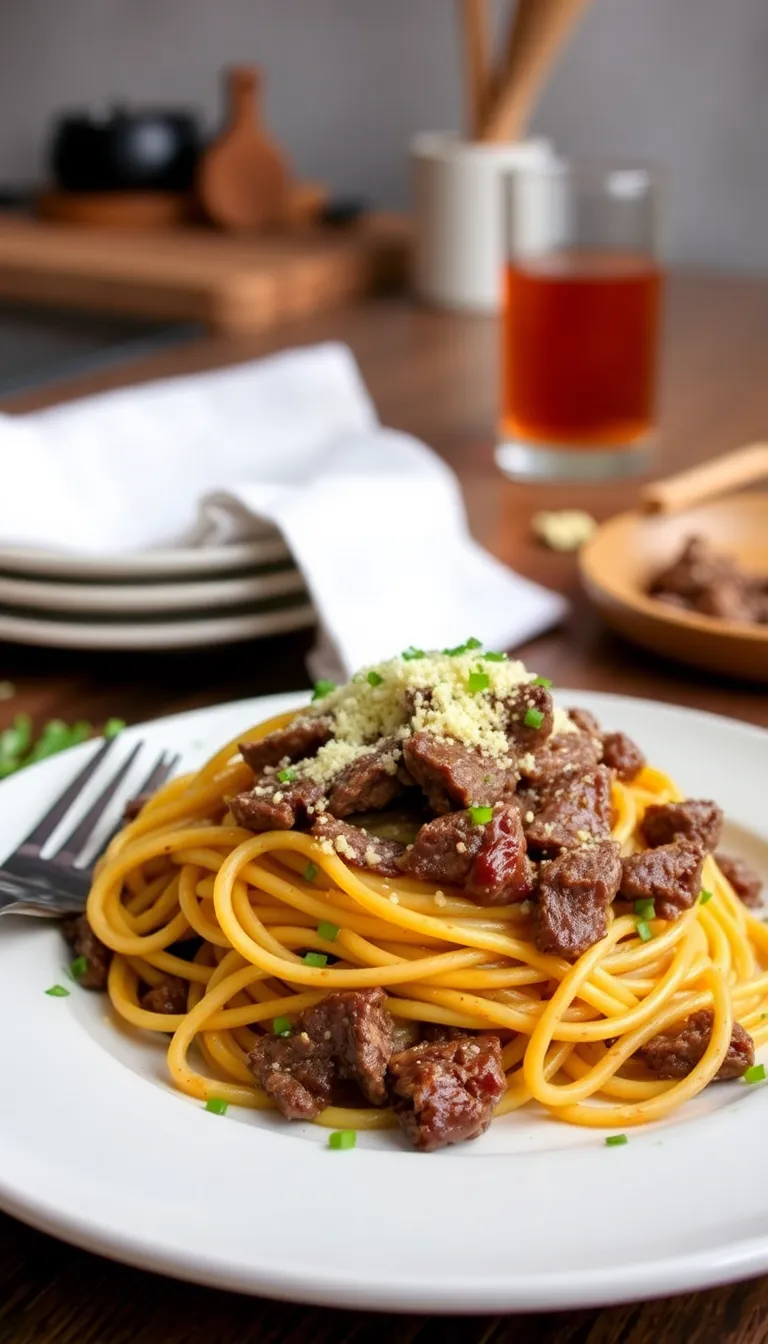 Steaming pasta dish featuring ground beef and garlic butter sauce garnished with herbs