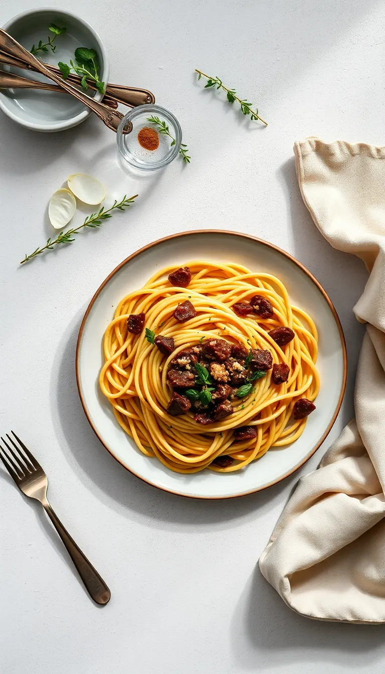 Simple yet elegant garlic butter beef spaghetti topped with fresh-grated cheese