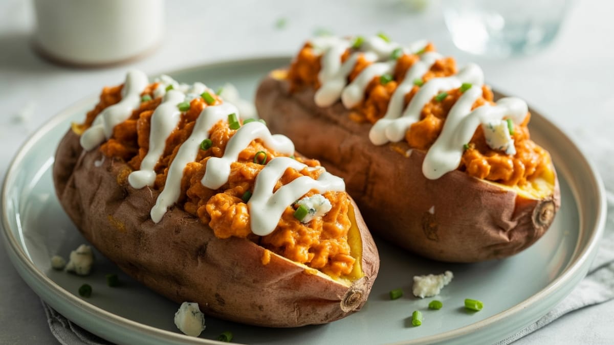 Buffalo Chicken Stuffed Sweet Potatoes- The Perfect Spicy-Sweet Comfort Meal