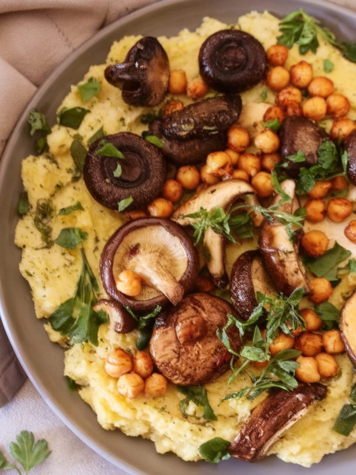 Creamy Polenta with Roasted Mushrooms and Pesto