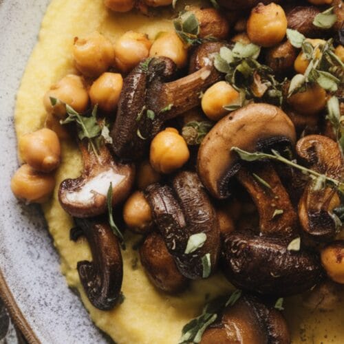 Pesto Polenta with Thyme Roasted Mushrooms and Chickpeas Recipe