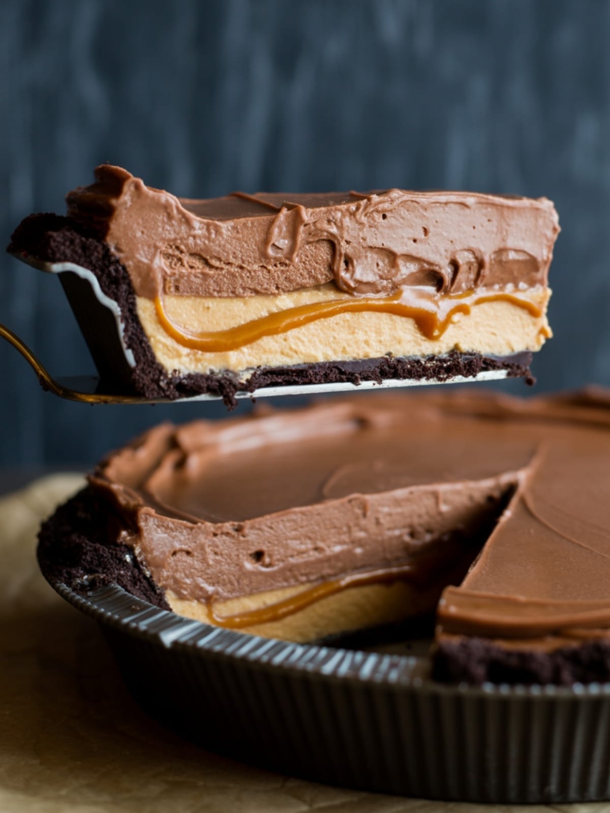 Triple-Layer Chocolate Peanut Butter Caramel Mousse Pie (No-Bake!)