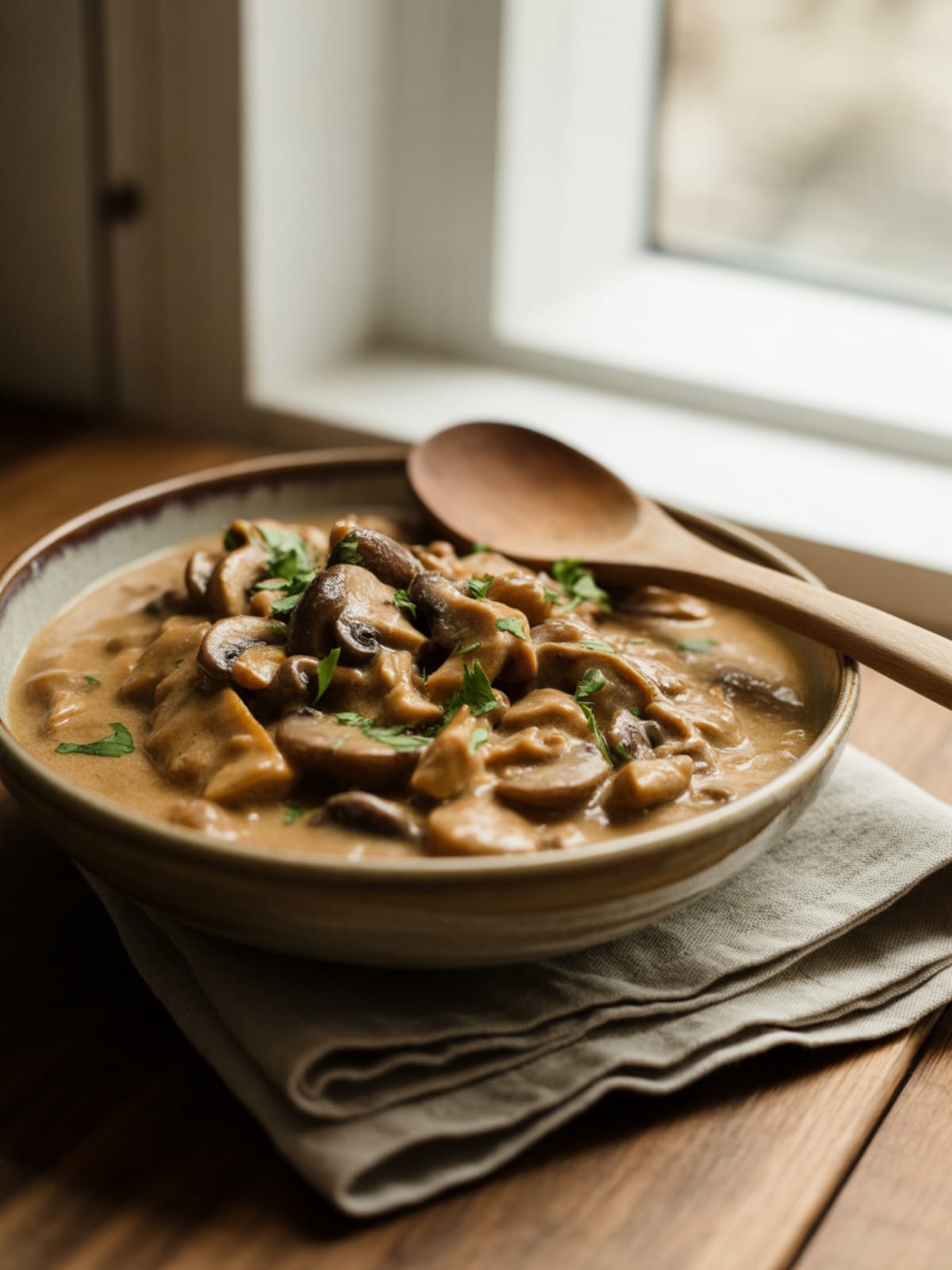 Creamy Mushroom and Seitan Stroganoff Dinner