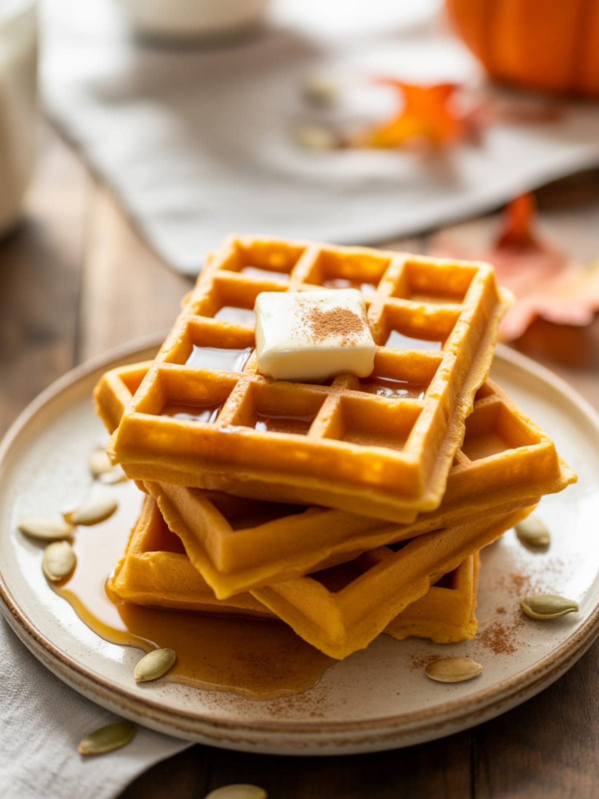 Golden Vegan Pumpkin Waffles That'll Make You Forget Regular Ones
