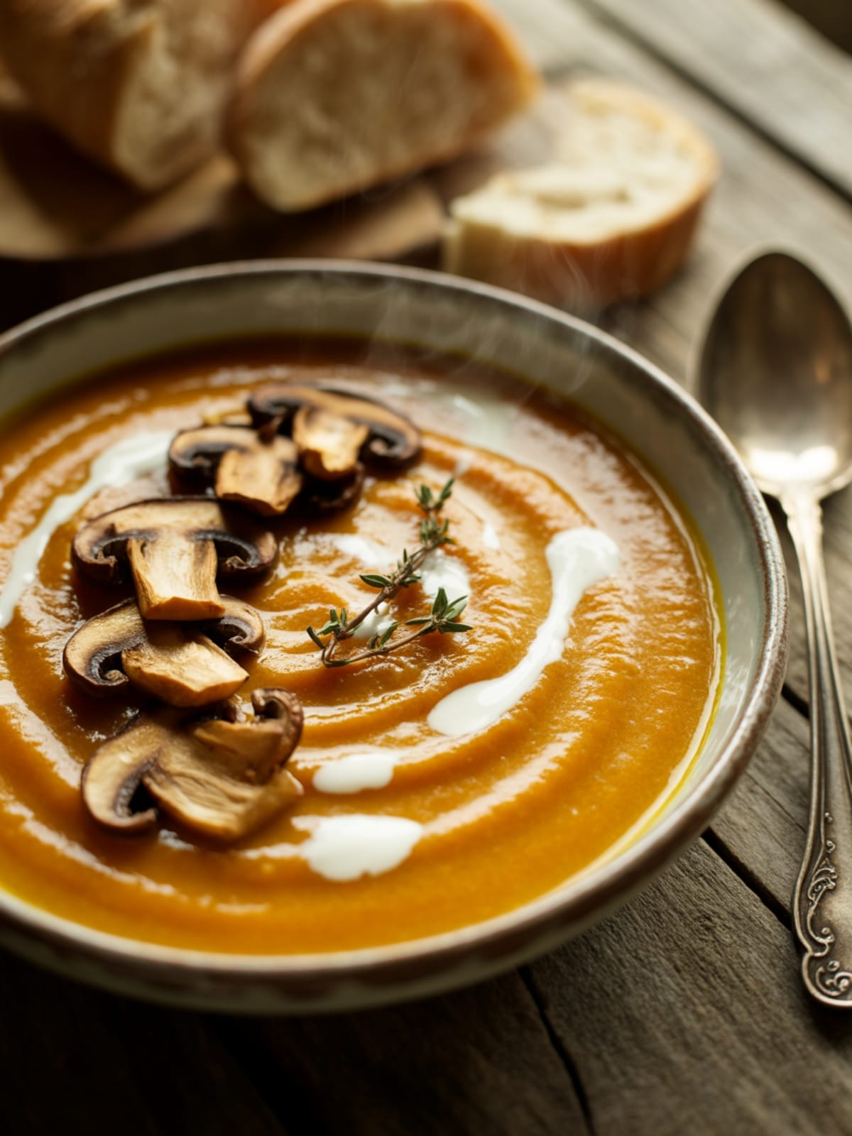Hearty Pumpkin Soup in Bowl with Mushrooms