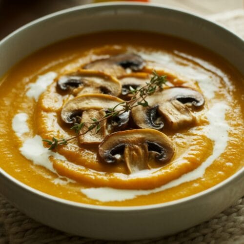 Pumpkin Soup With Sautéed Mushrooms