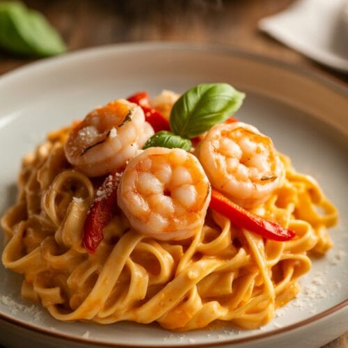 Shrimp Fettuccine with Roasted Pepper Sauce