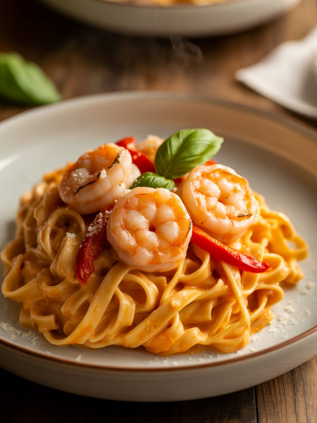Shrimp Fettuccine with Roasted Pepper Sauce