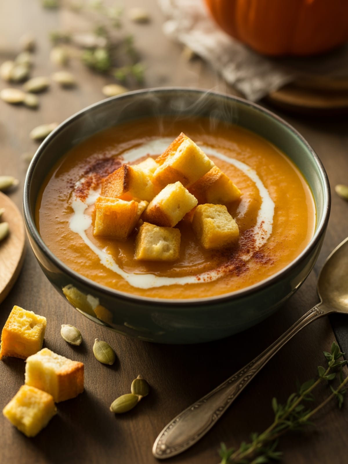 Smoky Pumpkin Bisque with Grilled Cheese Croutons: Autumn Comfort in a Bowl
