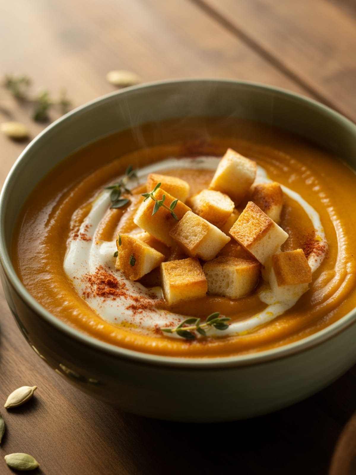 Smoky Pumpkin Bisque with Grilled Cheese Croutons