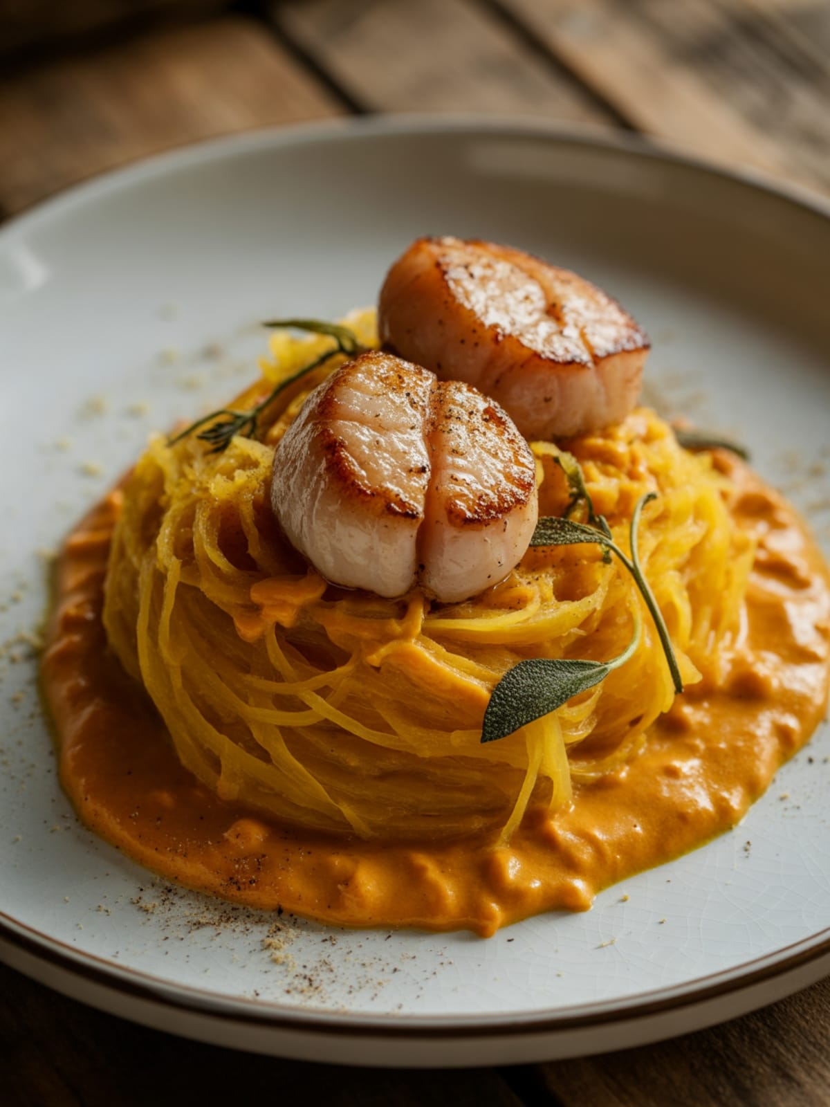 Spaghetti Squash Pasta with Pumpkin Seafood Sauce