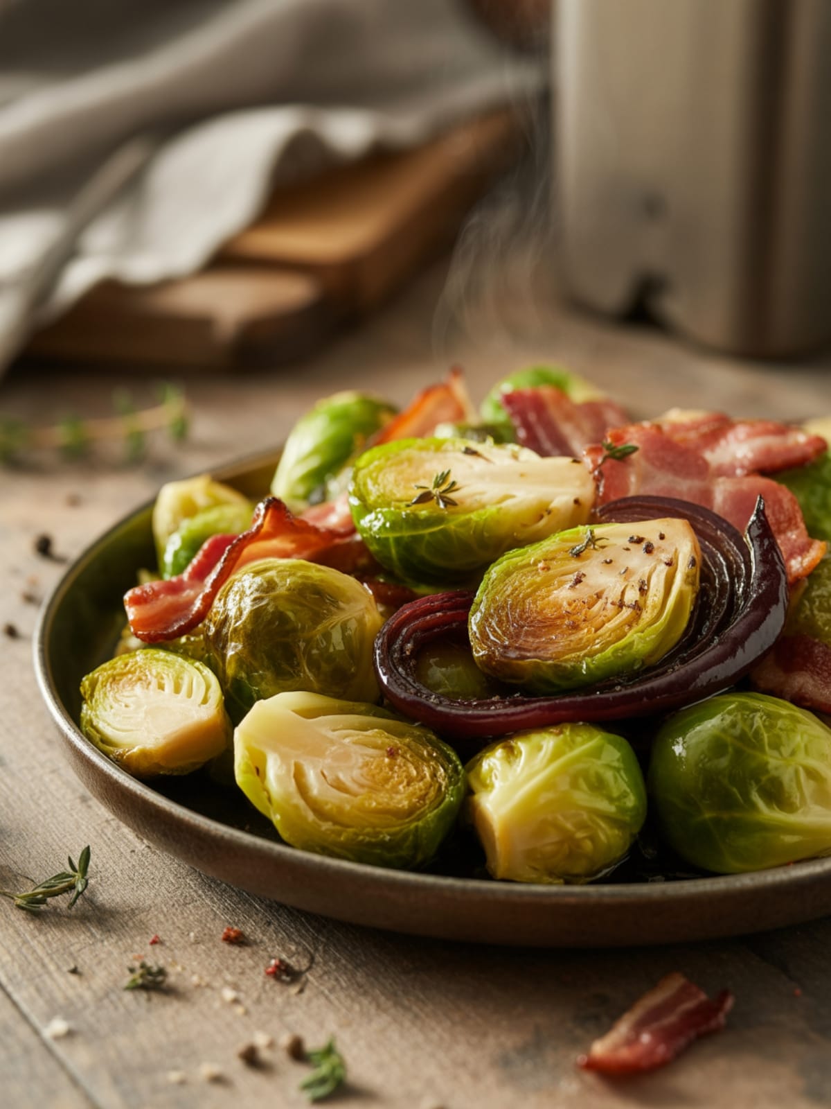 Sweet & Savory Roasted Brussels Sprouts with Bacon & Balsamic Onions